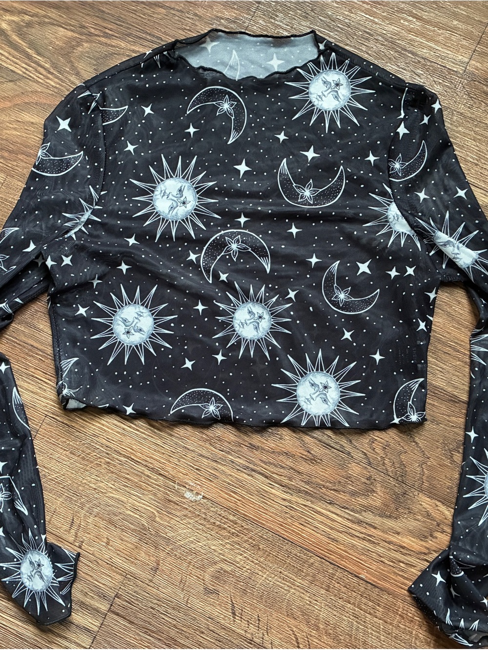 Celestial Print Sheer Long-Sleeve Crop Top - Black
